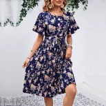 Floral Print A Line Dress Elegant Design Waist Defining Summer Style Perfect for Parties and Cas