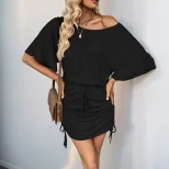 Batwing Sleeve Solid Color Dress Simple Design Pleated Detail Elegant Style Perfect for Parties