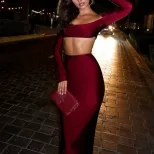 Chic Two Piece Set Strapless Crop Top Long Sleeve High Waist Bodycon Skirt Evening Wear Party Ou