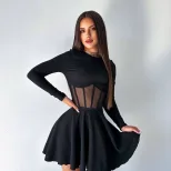 Fashionable Womens Dress Half High Neck Long Sleeve Sheer Mesh Panel Fishtail Design Waist Cinch