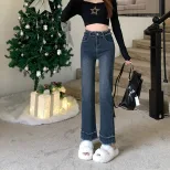 速卖通牛仔裤女2023春秋新款韩版复古高腰直筒毛边显瘦阔腿九分裤