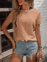 Casual Short Sleeve V Neck Shirt Summer Ready Solid Color Pleated Design Embroidered Details Who