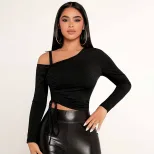 Womens Trendy Spring Summer T Shirt Off Shoulder Slim Fit Solid Color Asymmetrical Neckline Casu