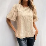 Womens Vintage Style Gold Sequin T Shirt Round Neck Flared Sleeve Casual Wear