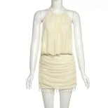 Summer Womens Bodycon Dress Sleeveless Halter Neck Fringe Detail Color Block Casual Party Wear W