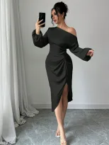 Asymmetrical Long Sleeve Dress Ruched Slit Bodycon Fit Elegant Evening Wear Wholesale Available