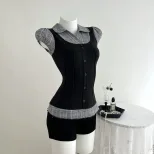 Color Block Plaid Short Sleeve T Shirt Slim Fit Waist Cinching Design Casual Style Ready to Ship