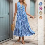 Sleeveless V Neck Abstract Floral Print Dress Summer Style Lightweight Fabric Trendy Design Whol