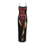 Flame Print Sexy Slip Dress Backless High Slit Sleeveless Summer Party Wear Wholesale Available