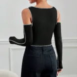 Slim Fit Color Block Off Shoulder Long Sleeve T Shirt Stylish Stitching Detail Casual Wear for W