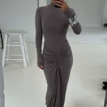 Elegant Solid Color Long Dress Slimming Fit Ruffled Design Perfect for Fall Winter Wholesale Ava