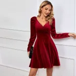 V Neck A Line Dress Waist Defining Velvet Fabric Elegant Design Autumn Winter Party Wear Wholesa