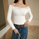 Off Shoulder Lace Top Vintage Style Sweet Aesthetic Long Sleeve Short Length Perfect for Casual