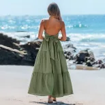 Green Backless Tie Back Maxi Dress Flowy Silhouette Vacation Style Beachwear Wholesale Available