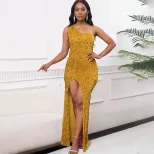 Elegant Sequin Maxi Dress Asymmetrical Shoulder Sexy Slit Fashionable Design Evening Wear Party