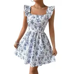 Floral Print Backless Dress Sweet Slim Fit Ruffled Sleeves Spring Summer Style Wholesale Availab