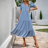 Summer A Line Midi Dress Solid Color Stand Collar Short Sleeve Casual Wear for Women Wholesale A