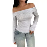 Slim Fit Long Sleeve Top Solid Color Off Shoulder Design Stylish for Spring and Autumn Wholesale