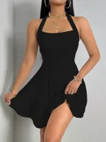 Y2K Style Womens A Line Mini Dress Halter Neck Backless Waist Cinching Flared Skirt Perfect for