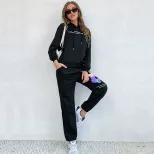 【佰分之衣】亚马逊外贸秋冬欧美休闲女装印花长袖连帽卫衣套装女