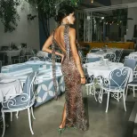 Summer Womens Bodycon Dress Sexy Deep V Neck Halter Backless Leopard Print Perfect for Parties a