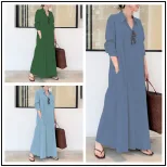 Cotton Linen Long Sleeve Shirt Dress Solid Color Pocket Design Loose Fit Casual Everyday Wear Re