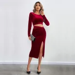 Velvet Bodycon Dress Sexy Hollow Out Split Design Long Sleeve Evening Party Wear Wholesale Avail