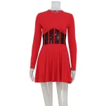 Fashionable Womens Dress Half High Neck Long Sleeve Sheer Mesh Panel Fishtail Design Waist Cinch