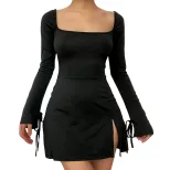 Red A Line Dress Square Neck High Waist Short Length Split Design Spring Summer Casual Wear Whol