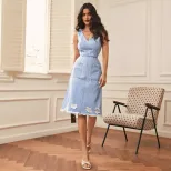 Sleeveless Denim Dress Slim Fit Frayed Hem Distressed Details Casual Summer Wear Ready to Ship