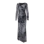Zebra Print Off Shoulder Long Sleeve Dress Vintage Style Slim Fit Fashionable Design Autumn Coll