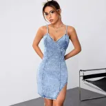 Womens Denim Dress Slim Fit V Neck Backless Asymmetrical Design Casual Summer Wear Wholesale Ava