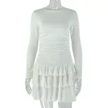 Elegant Womens Pleated Dress Solid Color Slim Fit Long Sleeve Round Neck Chic Casual Wear for Sp