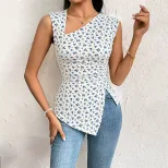 Floral Print Sleeveless Top Asymmetrical Design Waist Cinching Side Slit Casual Summer Wear Whol