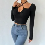 Womens Knit Long Sleeve Top Sexy Hollow Out Lace Up Design Slim Fit Autumn Winter Fashion Wholes