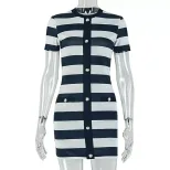 Black and White Striped Print Bodycon Dress Short Sleeve Round Neck Slim Fit Casual Chic for Sum