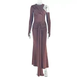 One Shoulder Long Sleeve Bodycon Dress Hollow Out Round Neck Solid Color Tie Detail Elegant Even