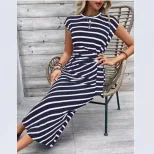 Elegant Striped Maxi Dress Waist Tie Short Sleeve Round Neck Summer Fashion for Women Wholesale