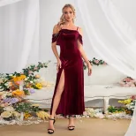 Velvet Long Dress Off Shoulder High Slit Elegant Versatile Evening Wear for Women Wholesale Avai