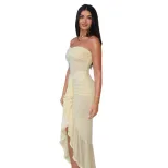 Spring Womens Dress Solid Color Ruffled Hem Sexy Strapless Bodycon Side Slit Perfect for Parties