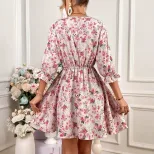 Floral Print Womens Dress Spring Ruffled Trim Tie Waist Color Block Design Casual Wear Wholesale