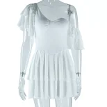European Style Asymmetrical Ruffled Neck Short Sleeve Dress Solid Color Pleated Design Cake Hem
