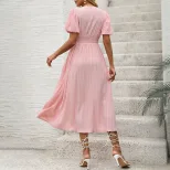 High End Pink Puff Sleeve Dress Elegant Design Perfect for Valentines Day or Special Occasions W