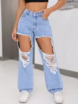 Fashionable Womens Distressed Wide Leg Straight Leg Jeans Casual Style Trendy Design Comfortable