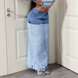 Color Block Denim Midi Skirt Casual Style High Slit Design Versatile for Everyday Wear Wholesale