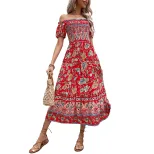 Vintage Bohemian Off Shoulder Printed Dress Summer Vacation Style Lightweight Fabric Comfortable