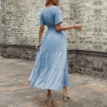 Elegant Summer V Neck Ruffled Hem Dress Slim Fit Solid Color Versatile Style Perfect for Casual