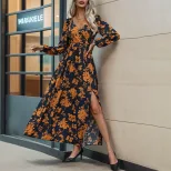 Elegant Vintage Floral Print V Neck Split Maxi Dress New Arrival Perfect for Vacation and Specia
