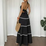 Color Block V Neck Halter Dress Sexy Cake Skirt Design Perfect for Vacations and Summer Events W