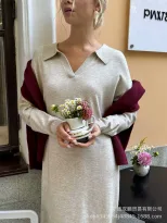 Long Sweater Dress Soft Fabric Scissor Collar Loose Fit Elegant Style Autumn Winter Fashion Whol